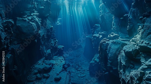 Underwater view of a deep sea canyon with rocks and sun rays through the water surface