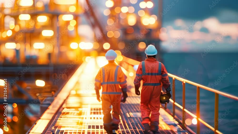 Two oil and gas workers on an industrial platform