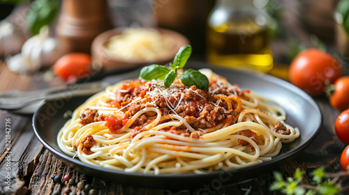 Delicious spaghetti with cheese sauce and meat on wooden table