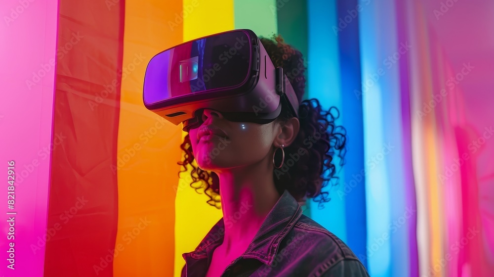 Professional LGBTQ worker using VR headset in office, holographic interfaces, modern tech, inclusive environment, rainbow flag in background Professional LGBTQ worker using VR headset in office, holographic interfaces, modern tech, inclusive environment, rainbow flag in background