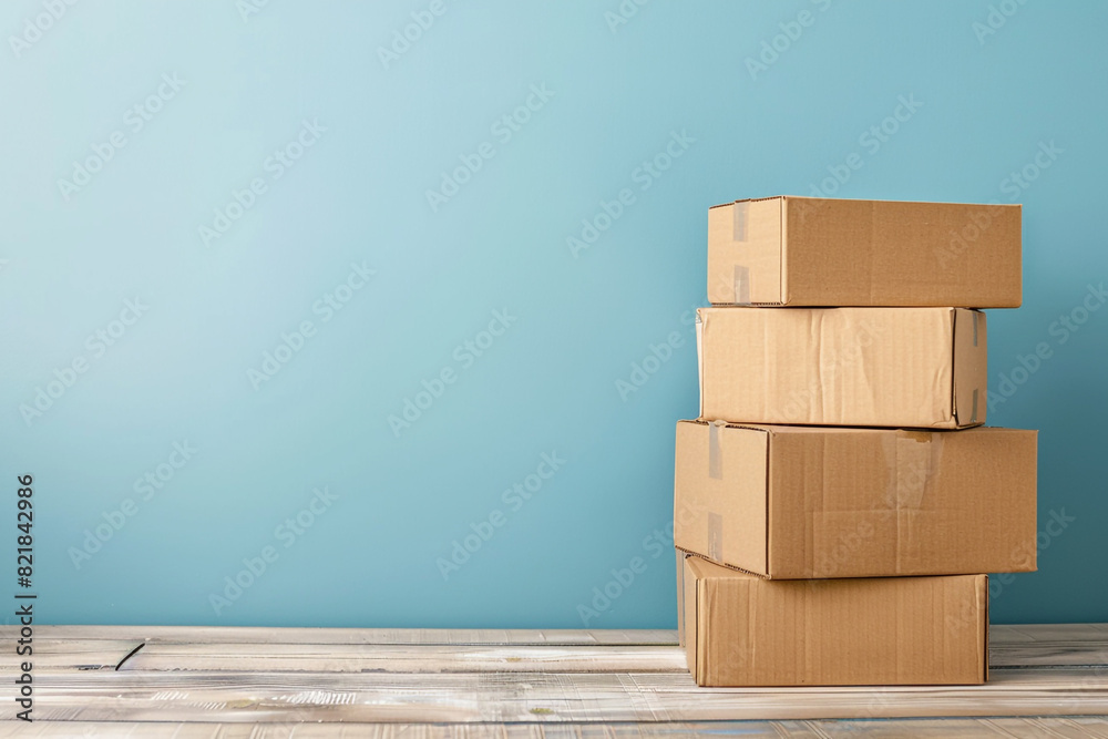 stack of cardboard boxes on a light wooden tabletop on blue wall background, copy space , small business concept stack of cardboard boxes on a light wooden tabletop on blue wall background, copy space , small business concept