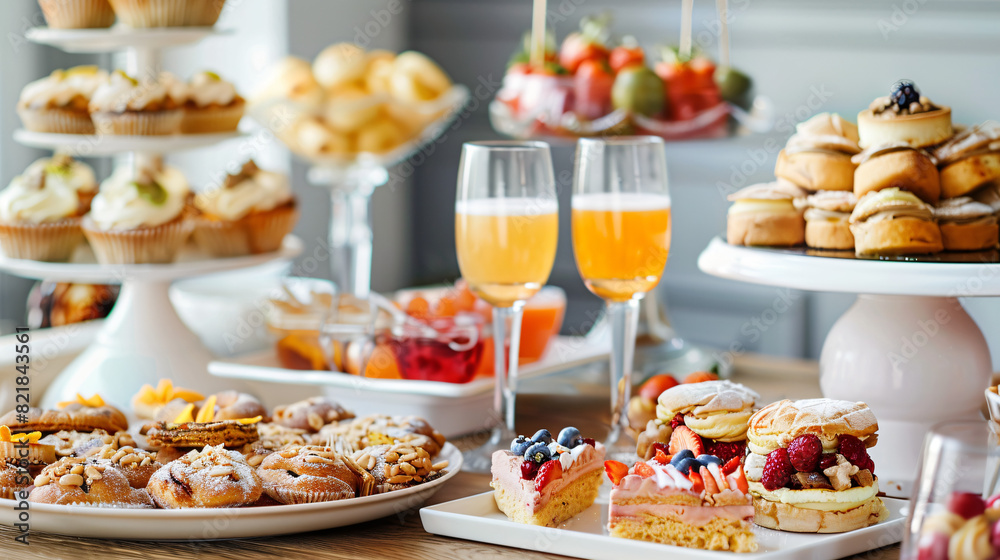 Delicious treats and glasses of drink on wooden table