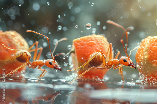 Illustration of long exposure - manga ants capturing prey, There are two ants that are standing on a log in the water © Baloch