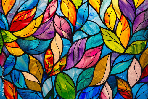 Stained glass window background with colorful Flower and Leaf abstract 