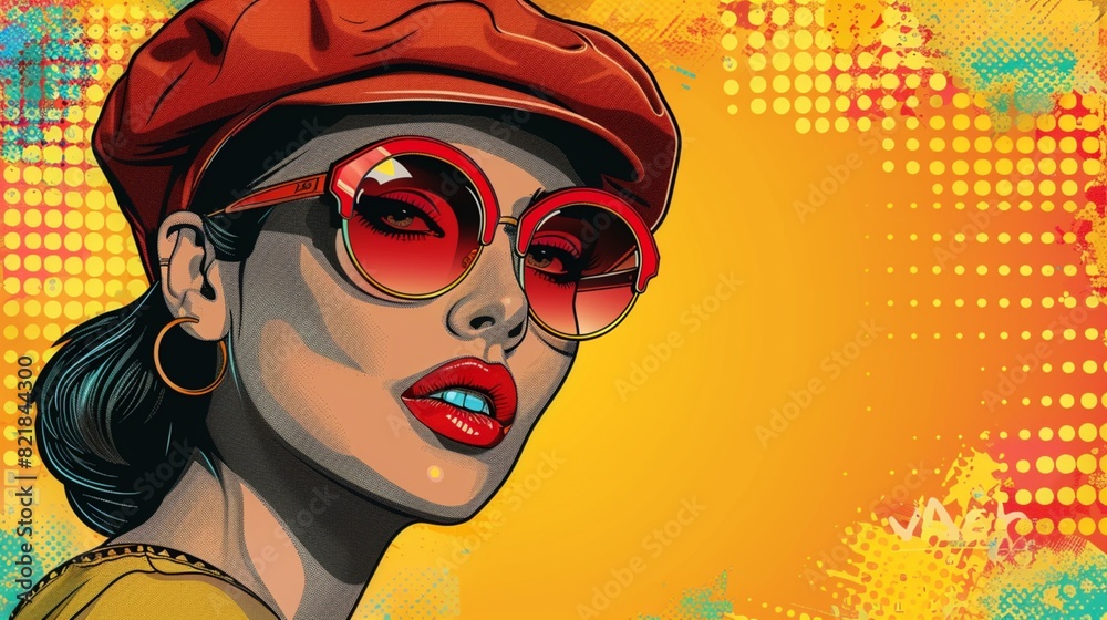 A retro-inspired pop art image featuring a stylish woman in sunglasses and a beret, with halftone dots and bold lettering reminiscent of vintage comic books. A retro-inspired pop art image featuring a stylish woman in sunglasses and a beret, with halftone dots and bold lettering reminiscent of vintage comic books.