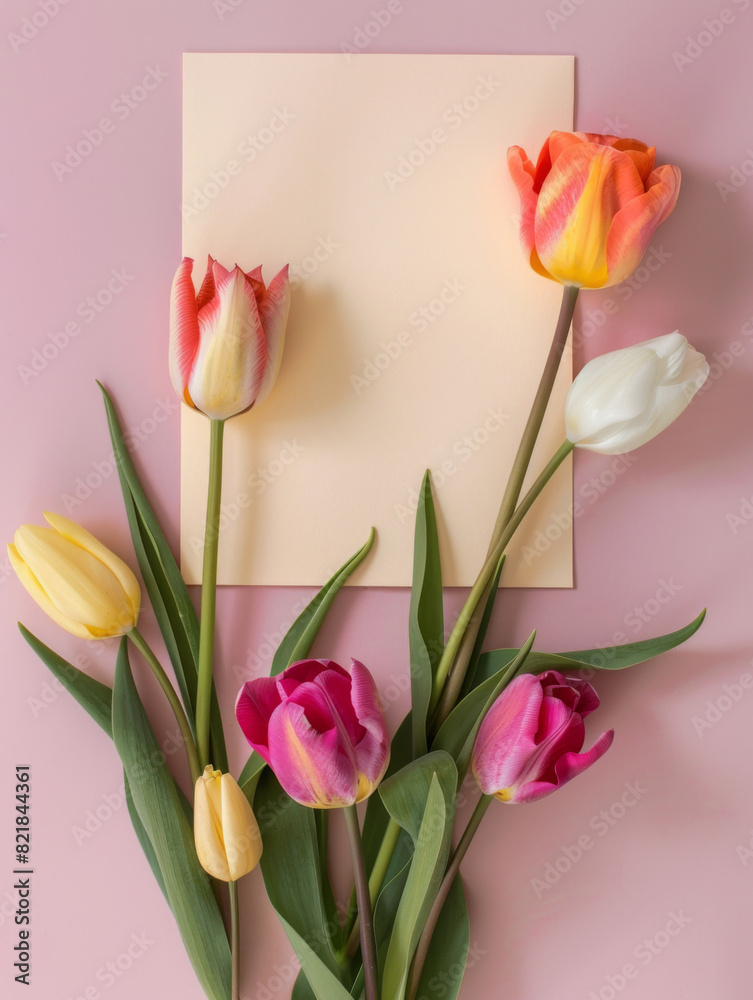 Fototapeta premium Vibrant Roses and Tulips: Elegant Floral Greeting Card Design