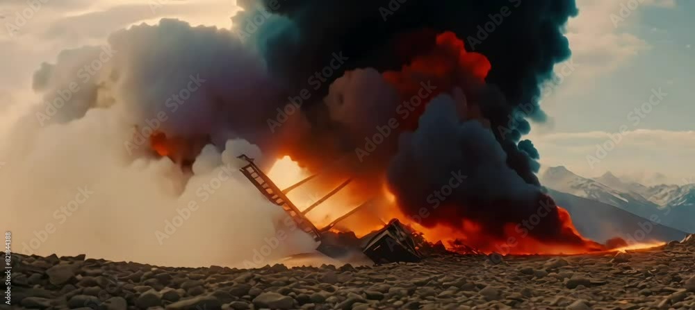 passenger aircraft engulfed in flames following a mountain crash