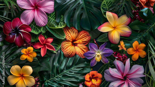 Different colorful tropical flowers as background top