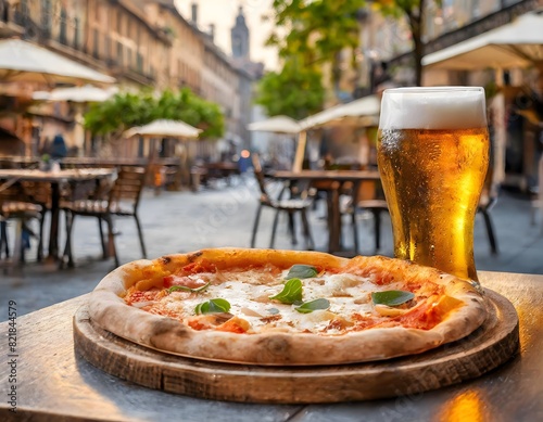 Close-up of a margherita pizza on a round wooden plate on a small table outside a restaurant. Next to it a glass of cold beer. Blurred background of empty tables and a city street.