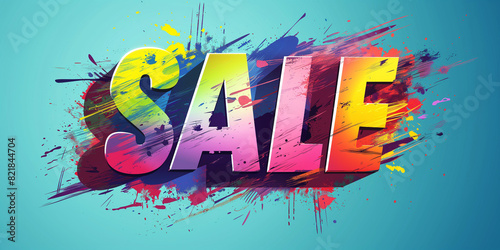 Sale concept banner design. Dynamic font against a background of bright colorful strokes. Advertising promotion horizontal layout. Digital artwork raster bitmap. AI artwork. photo