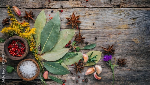 Zenith view of an old wooden table. Above flowers, bay leaves, star anise, garlic cloves and two small wooden bowls with salt and pepper. Copy soace. photo