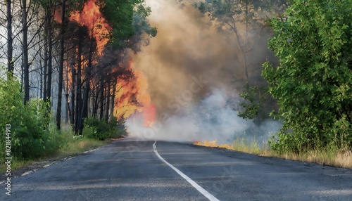 Asphalt road through a forest on fire. Burning trees and a lot of smoke. Concept of forest fires.