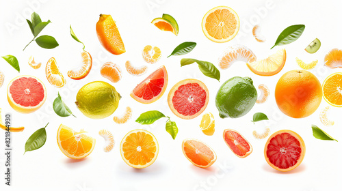 Different fresh citrus fruits and leaves falling on white