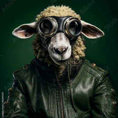 Photo of Realistic Sheep Wearing Steampunk Costume. Abstract concept. A sheep stand and posing like a human. Studio composition.