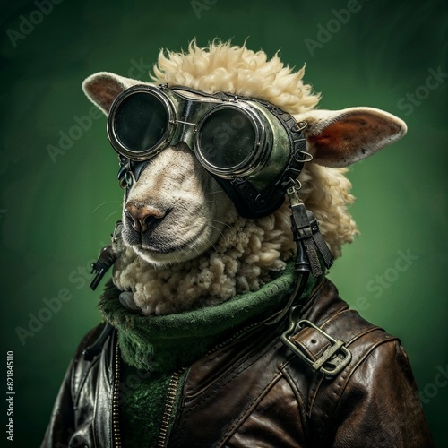 Photo of Realistic Sheep Wearing Steampunk Costume. Abstract concept. A sheep stand and posing like a human. Studio composition.