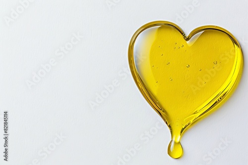 Golden heart-shaped oil droplet on white background photo