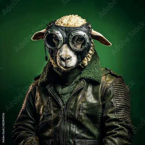 Photo of Realistic Sheep Wearing Steampunk Costume. Abstract concept. A sheep stand and posing like a human. Studio composition.