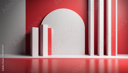 Gennerate AI - Abstract realistic 3D red cylinder pedestal or podium with illuminate horizontal neon lamp. Dark red minimal scene for product display presentation. Vector rendering geometric platform 