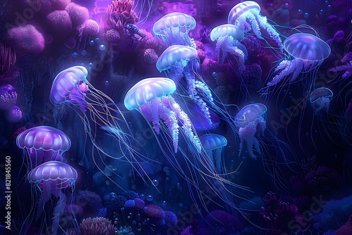 Bioluminescent Jellyfish Gliding in a Vibrant Coral Reef of a Lavender ocean trench.