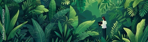 Biologist conducting field research in a rainforest, detailed illustration with deep greens and rich biodiversity