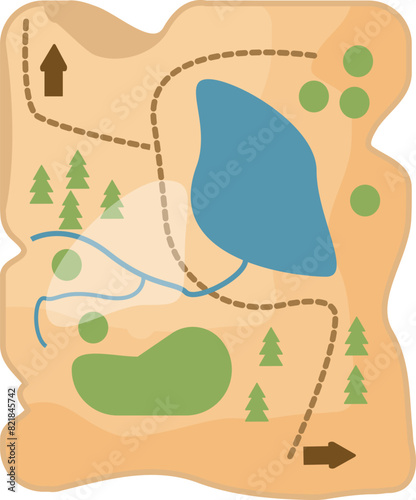 Illustrative cartoon map for hiking with trails, lake, trees, and terrain symbols