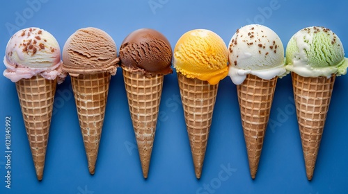 Assorted ice cream cones on blue background