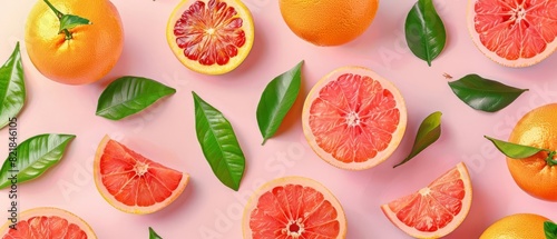Fresh juicy grapefruits and orange slices with green leaves on a pink background. Vibrant citrus fruit flat lay. photo