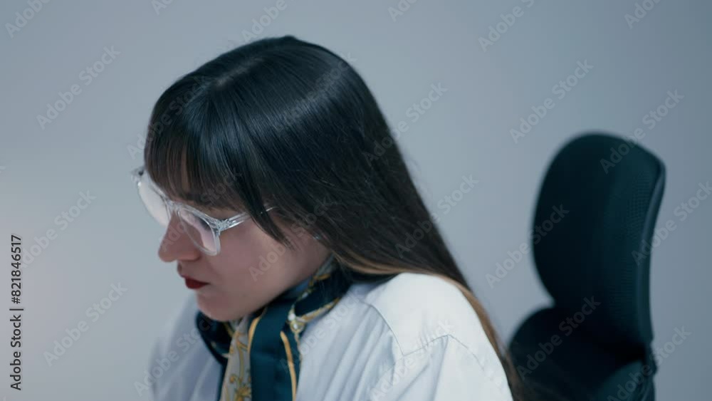 Beautiful young woman with long dark hair wearing glasses concentrating at the work in office in slow motion. Secretary working hard in office close up. Beautiful young woman with long dark hair wearing glasses concentrating at the work in office in slow motion. Secretary working hard in office close up.