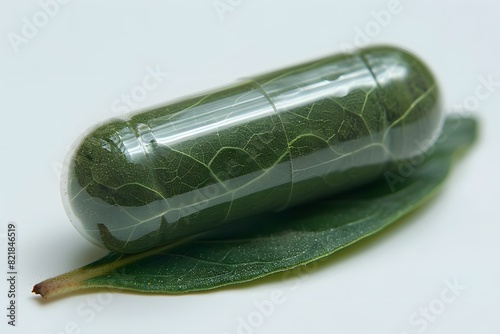 Herbal Supplement Capsule on Leaf - Natural Health Concept for Organic Medicine Design