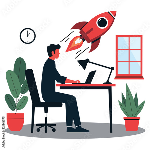 a man working at home on a laptop, home office illustration