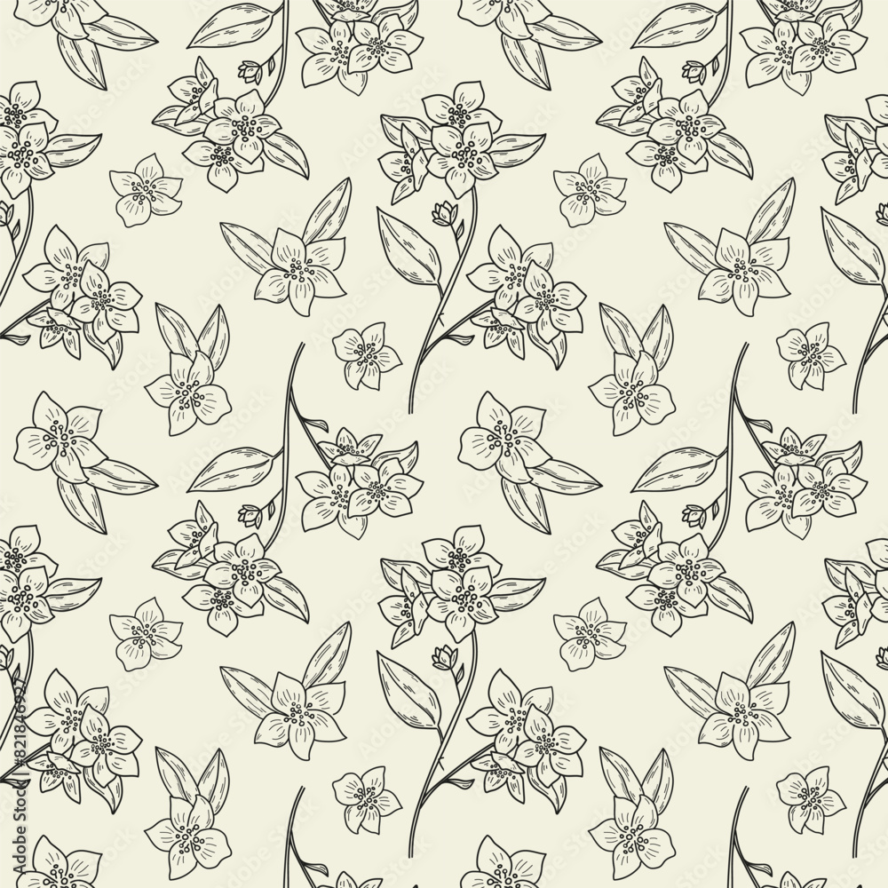 Fototapeta premium Jasmine flower ink sketch hand drawn seamless pattern vector illustration. Repeating background with jasmine plant, leaf, petal. For Herbal green tea, beauty, aroma. Design for label, card, textile