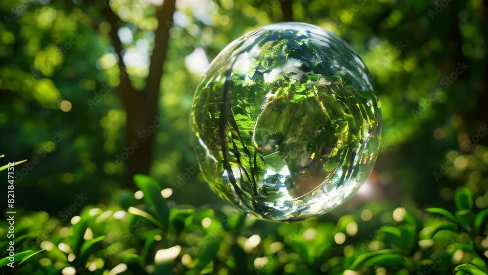 Spherical glass Earth globe with a green forest background Spherical glass Earth globe with a green forest background