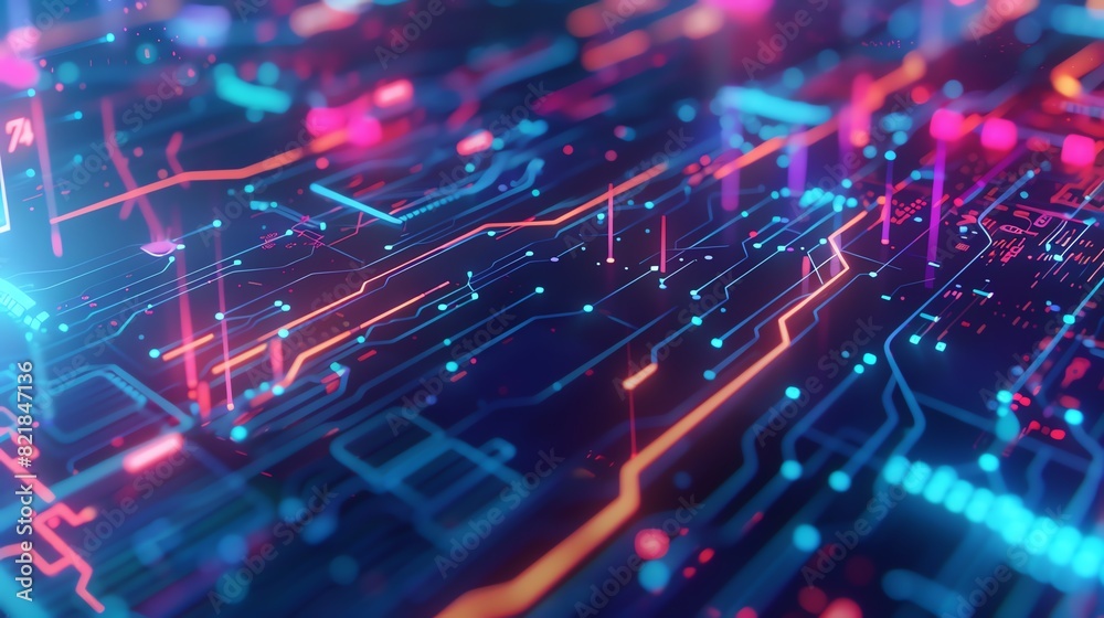 A close-up of a computer circuit board with blue and pink neon lights A close-up of a computer circuit board with blue and pink neon lights