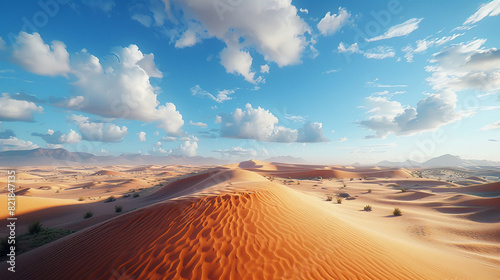 A vast desert landscape with sand dunes stretching towards the horizon.