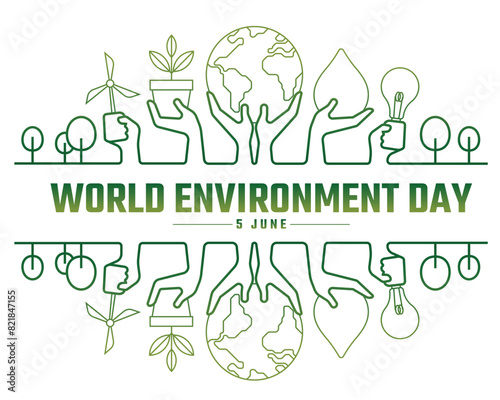 World Environment Day - Green line hands hold up globe world wind turbine lamp plant and drop water sign vector design