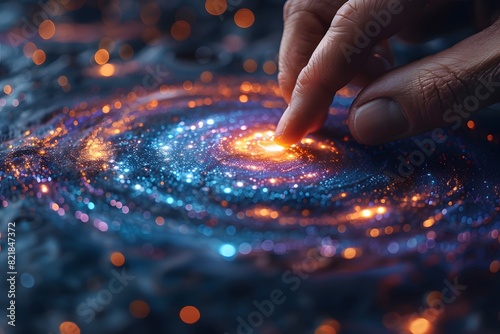 Human Hand Interacting with a Digital Galaxy - Futuristic Technology Concept for Innovations and Sci-Fi Design