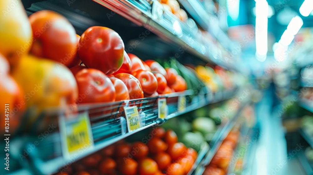Blurred background of supermarket shelves with fruits and vegetables Blurred background of supermarket shelves with fruits and vegetables