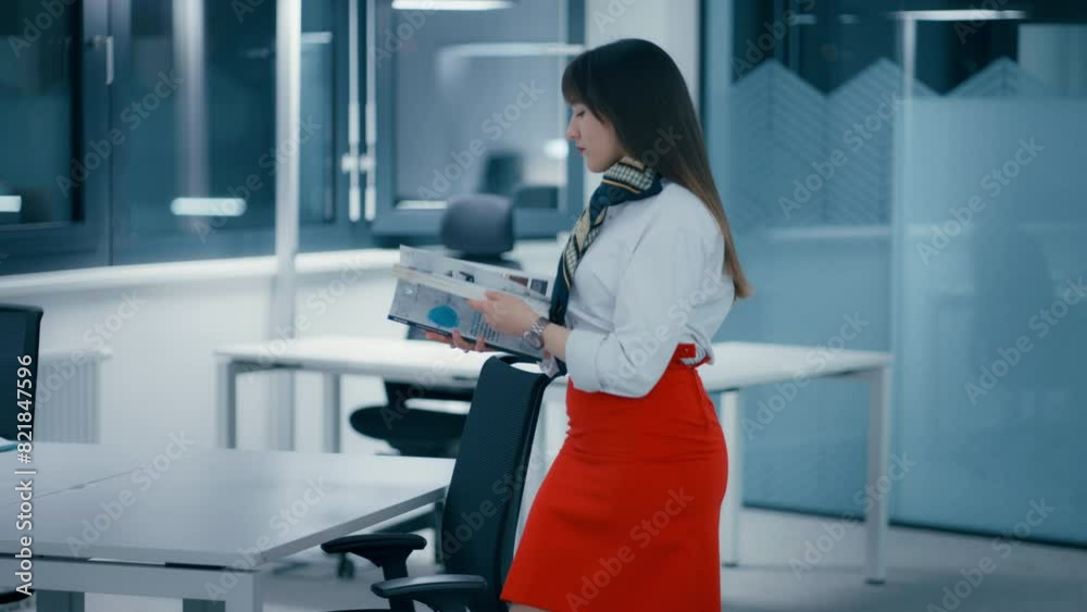 High executive browsing through the designer magazine pages in an office wearing red skirt and white shirt. Beautiful young woman with long hair working hard in office at night in slow motion High executive browsing through the designer magazine pages in an office wearing red skirt and white shirt. Beautiful young woman with long hair working hard in office at night in slow motion