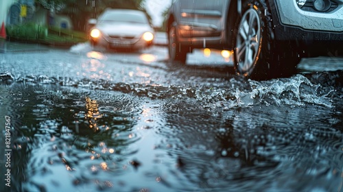 heavy rainfall, cars drown in puddles, flood on the road