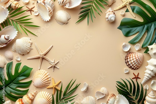 Tropical beach-themed frame with assorted seashells and green leaves on a beige background, ideal for summer and coastal-related designs.