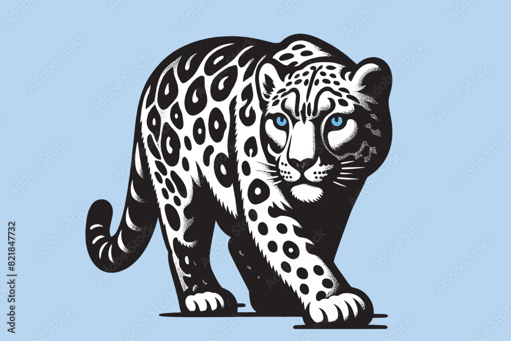 Obraz premium Snow Leopard. Black engraved vector illustration. Emlem, logo. Blue background