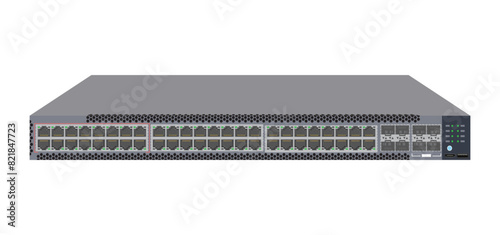 48-Port Fast Ethernet Switch with Gigabit Ethernet, PoE, USB, HDMI, RJ45 and SFP Network Switches: Front View of Network Technology. Vector.