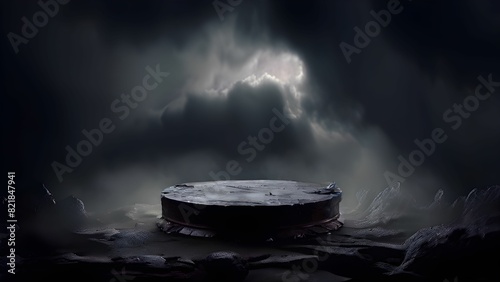 Pedestal in dark environment great for showcasing products dropsipping viking era storm stormy weather dark clouds thunder lightning dark themaics and atmosphere exterior 