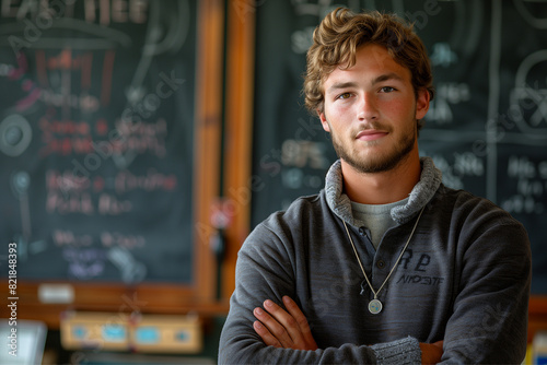 Male student in front of chalkboard photo