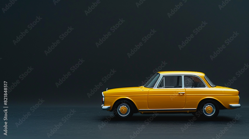 A yellow retro toy car set against a deep black background, emphasizing its bright and cheerful color.