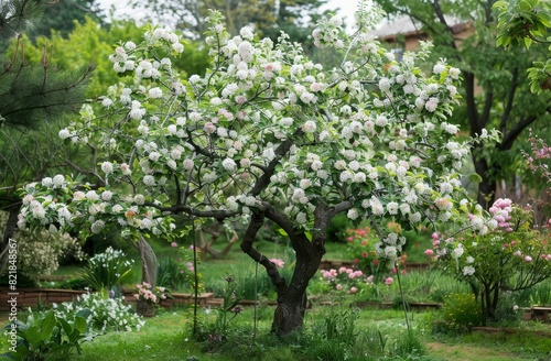 a tree with white flowers in a garden