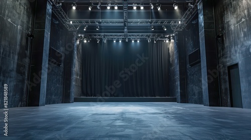 Empty theater with sleek blue walls, awaiting the creative touch of designer. Studio in under renovation or decoration photo