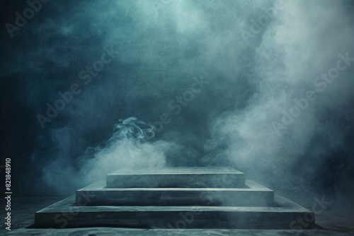 Storm in the dark Smoke over the floor Concrete platform podium with smoke 