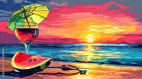 Vibrant Pop Art Depiction of a Refreshing Tropical Drink and Sunset Beach Scene