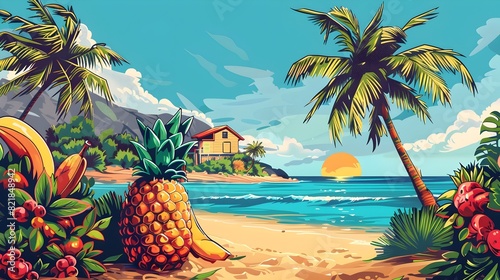 Vibrant Tropical Fruit Paradise An Imaginative of a Whimsical Beach Landscape with Oversized Fruits and Lush Foliage